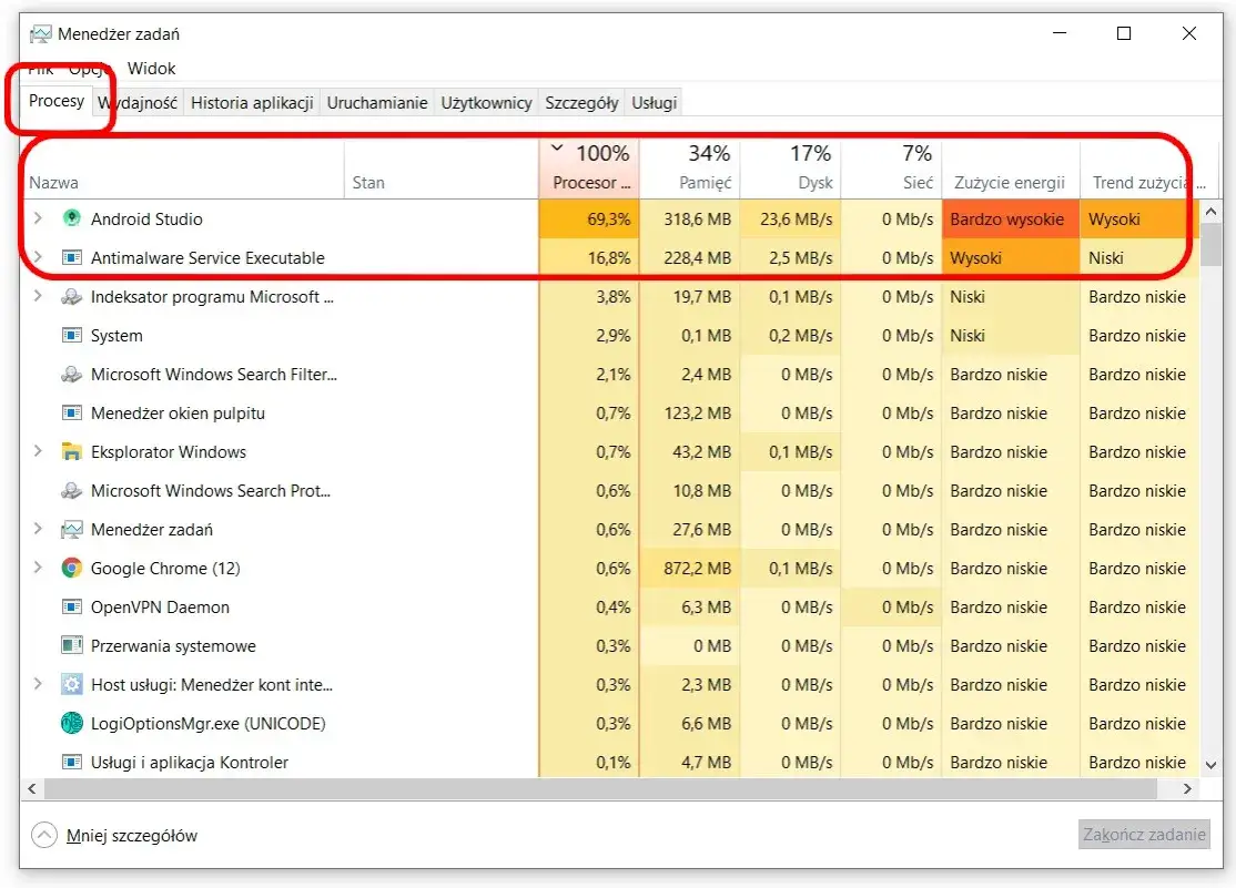 menedżer zadań windows 10 procesy