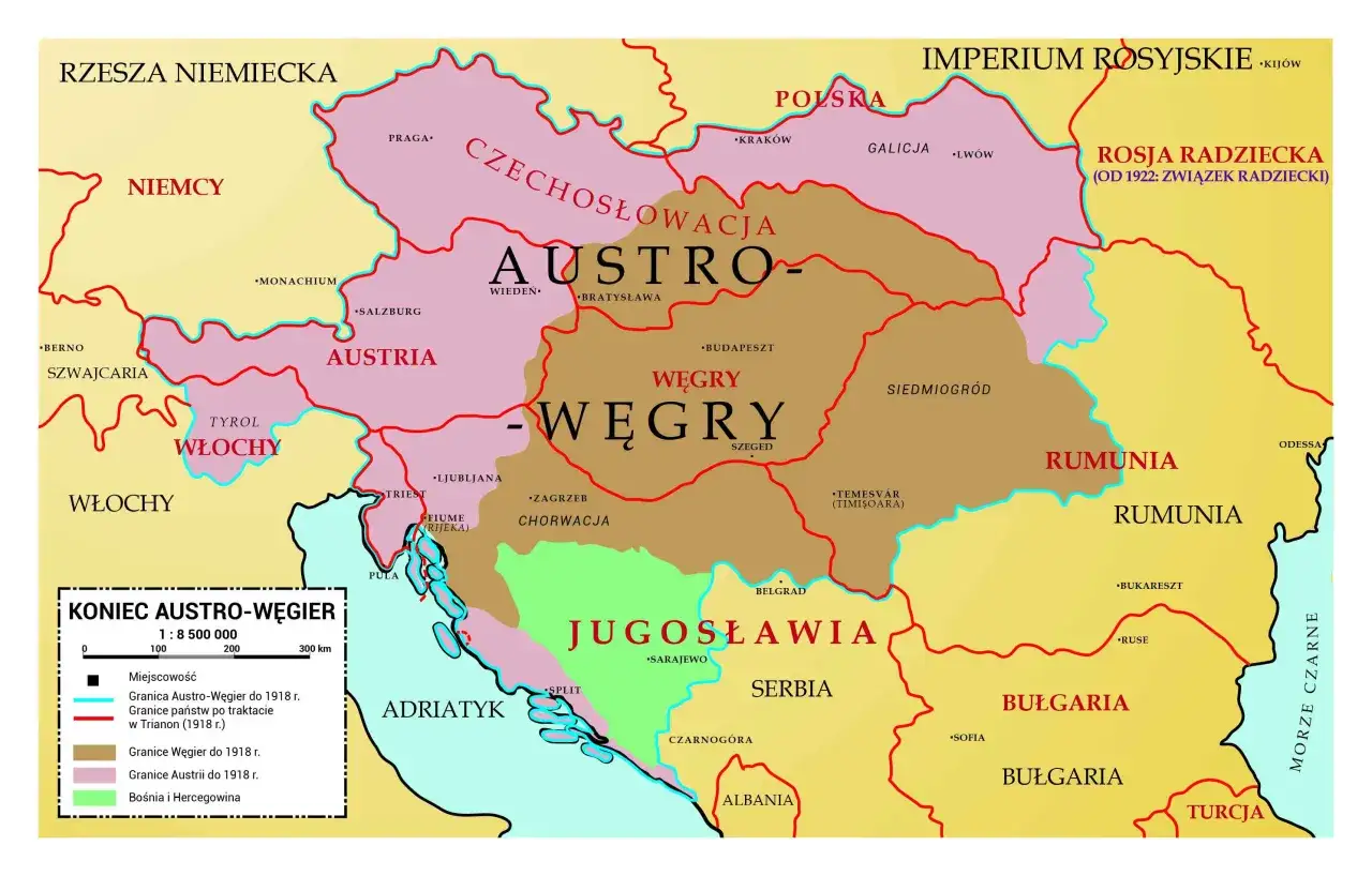 Mapa pokazuje, z kim graniczyły Węgry: z Austrią, Czechosłowacją, Polską, Rumunią, Jugosławią, Włochami i Rzeszą Niemiecką.