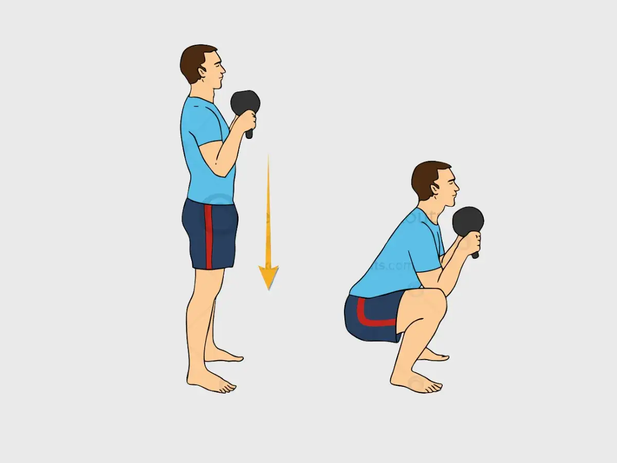 Un homme effectue un goblet squat, tenant une kettlebell devant sa poitrine, puis s'accroupit.