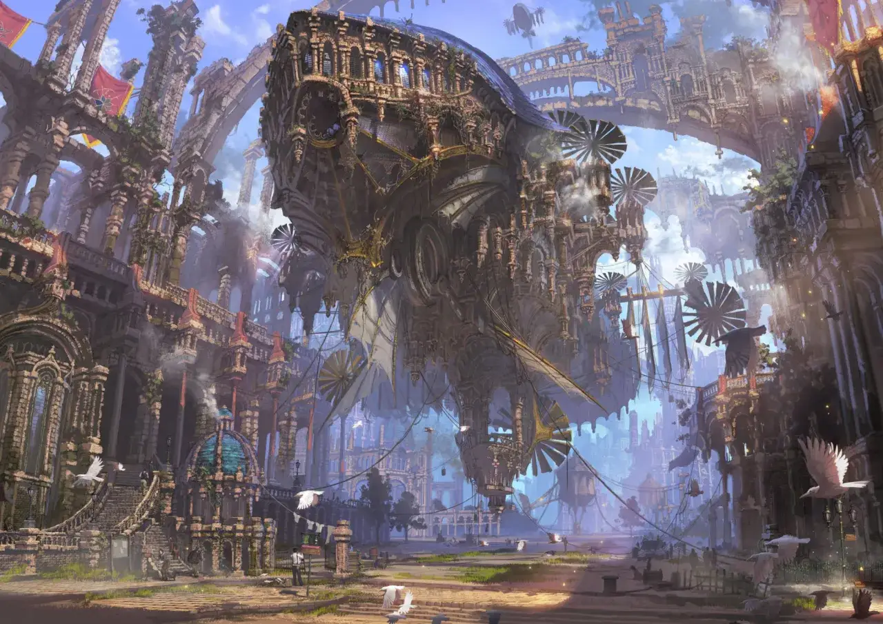 Majestatyczny statek powietrzny w stylu steampunk unosi się nad ruinami miasta, otoczony architekturą pełną detali i latającymi ptakami.