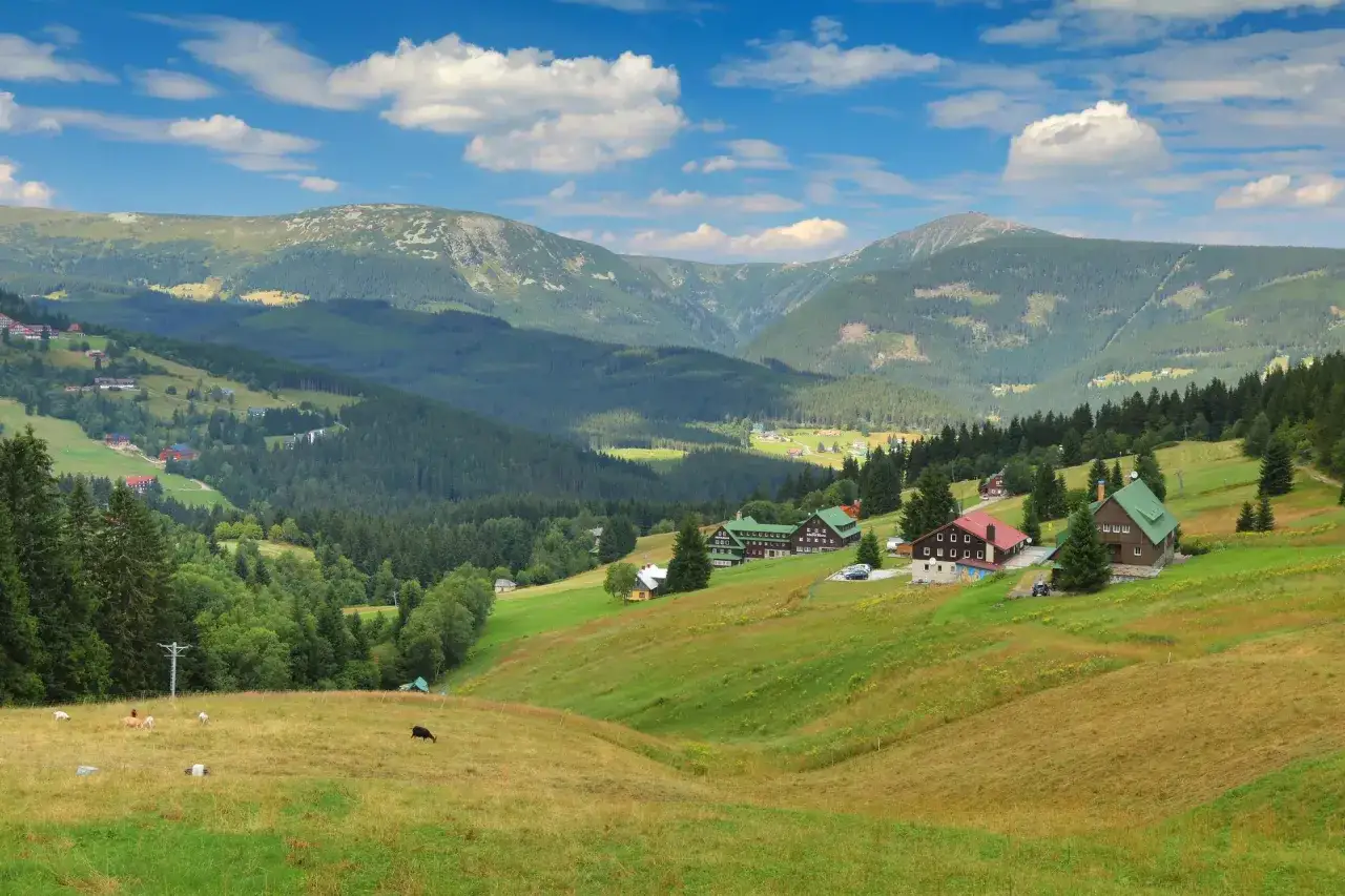 Malownicze karkonosze miasta z zielonymi wzgórzami, lasami i kilkoma domkami.