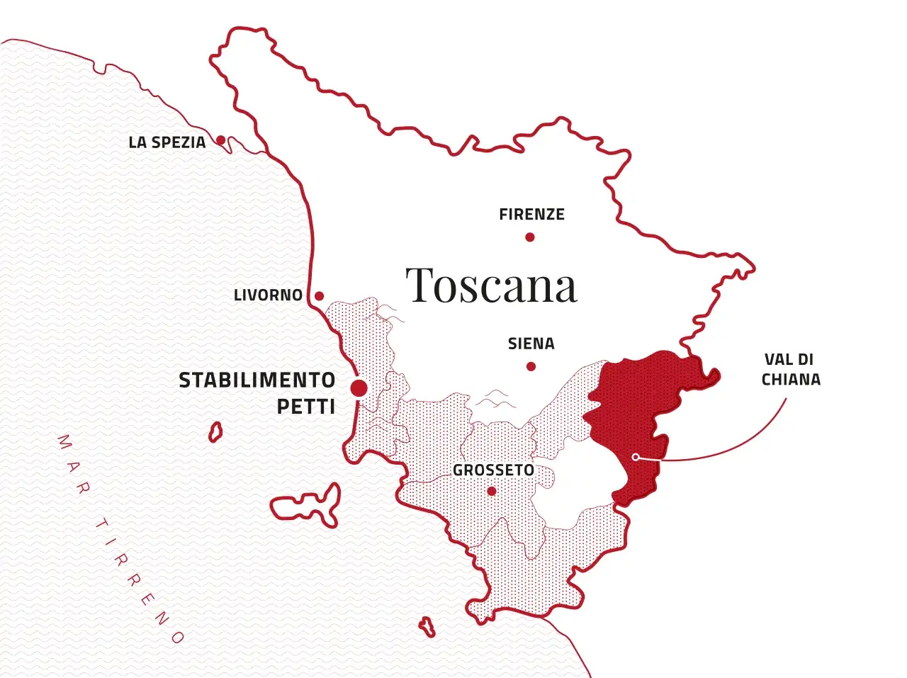 Mappa della Toscana che indica la Val di Chiana, dove si trova Montepulciano, con altre città come Firenze, Siena e Grosseto.