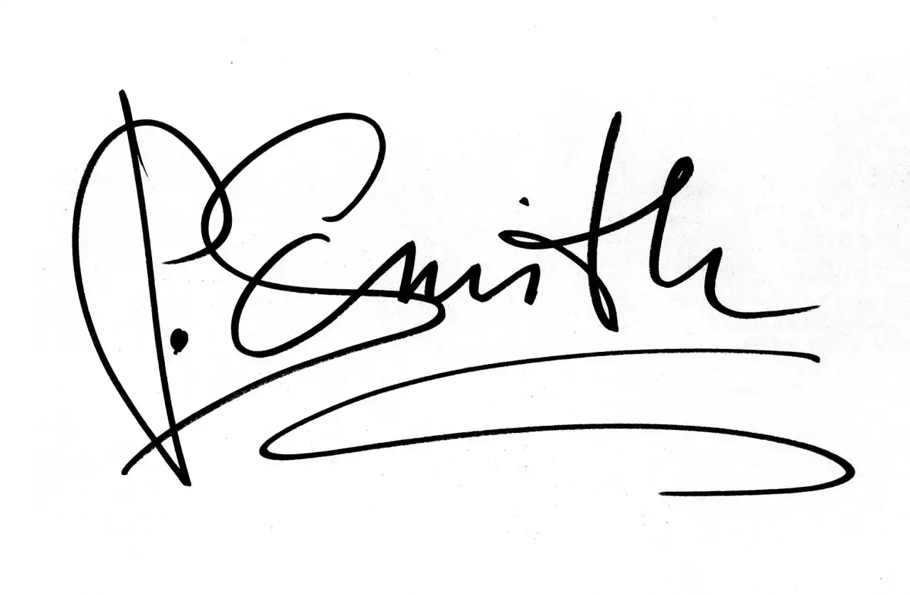 Firma estilizada de P. Smith. Un documento firmado tiene validez legal, como esta r&uacute;brica que certifica un acuerdo.
