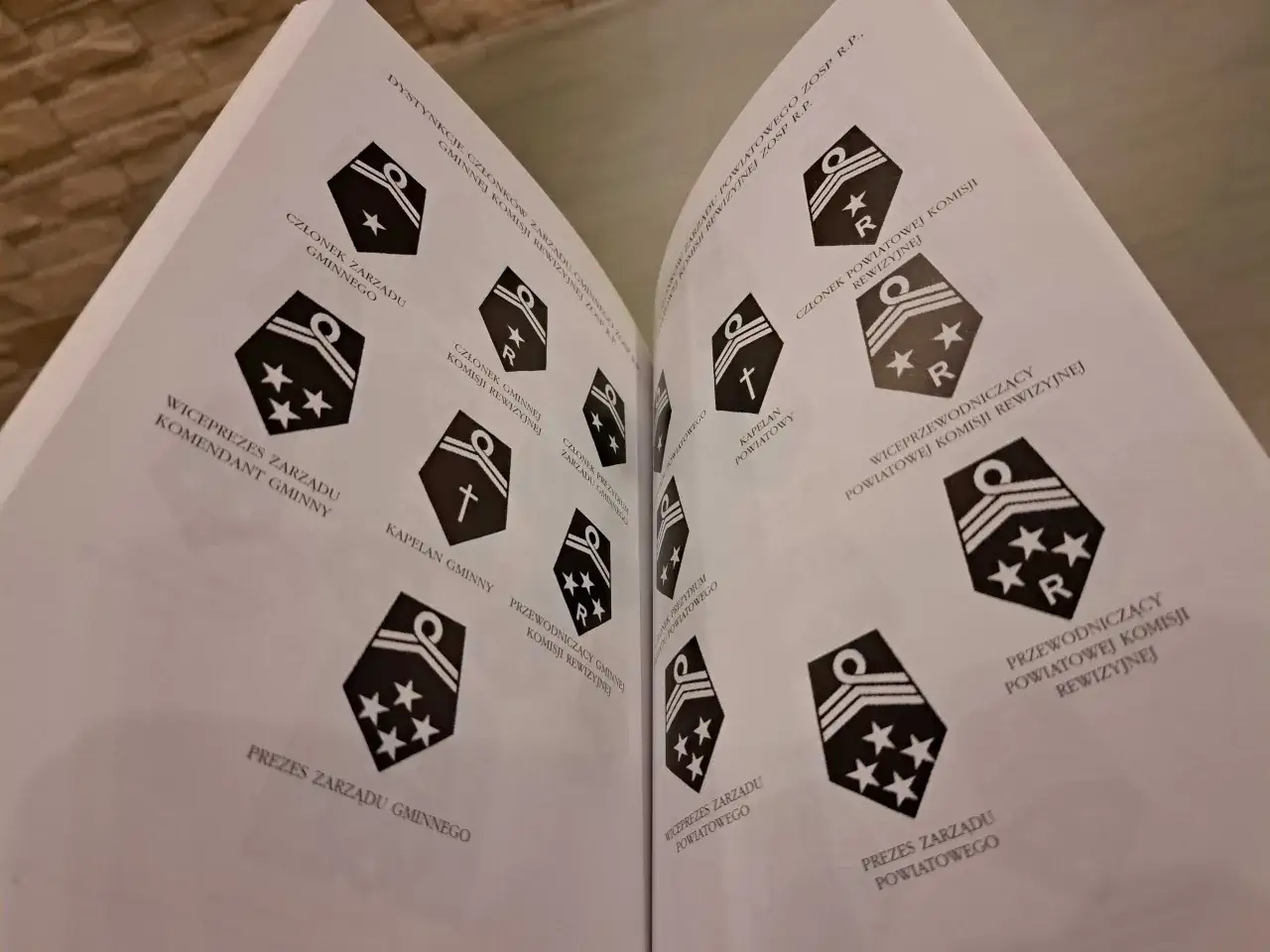 Odznaczenia strażackie pokazane w książce: dystynkcje członków zarządu i komisji rewizyjnych OSP.