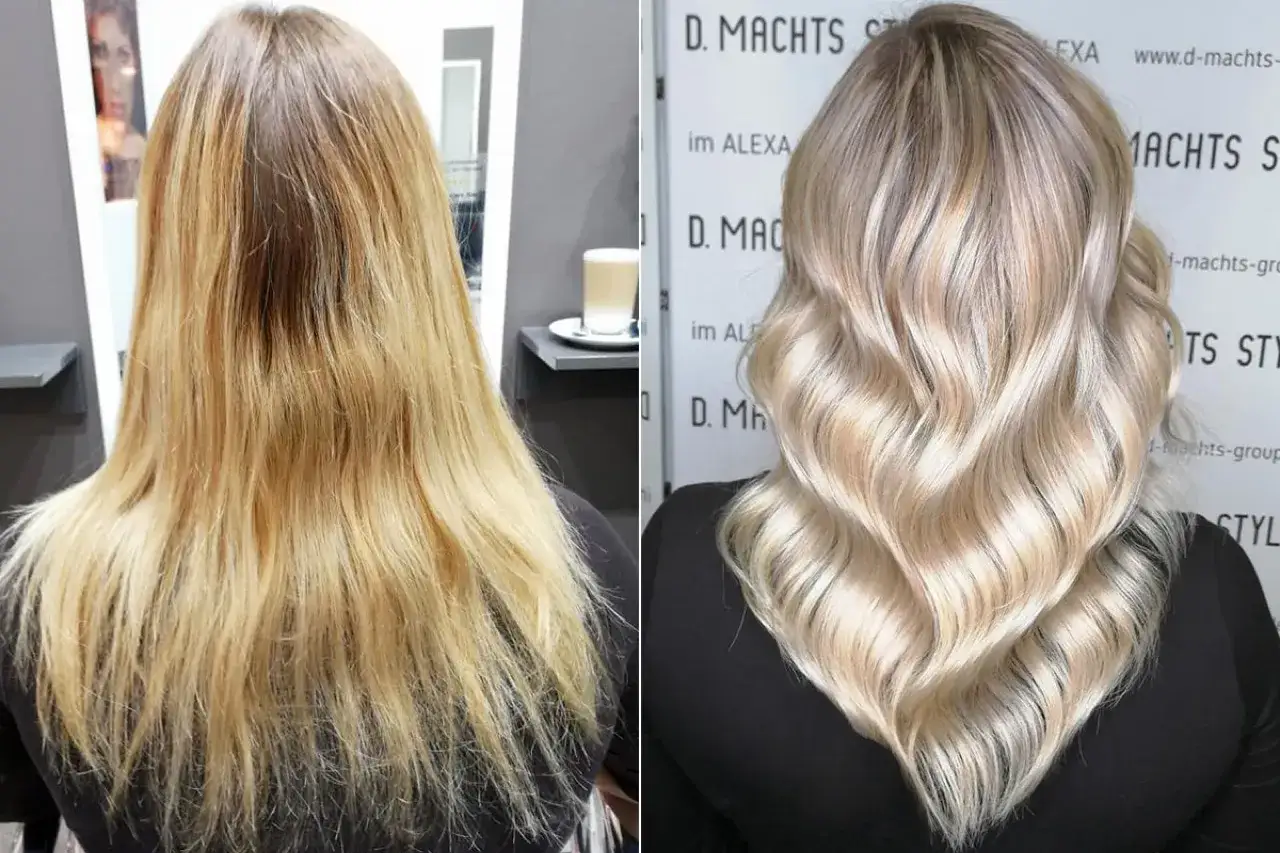 Vorher/Nachher: Blondes Haar wird zu einem strahlenden, warmen Blond mit sanften Wellen verwandelt.