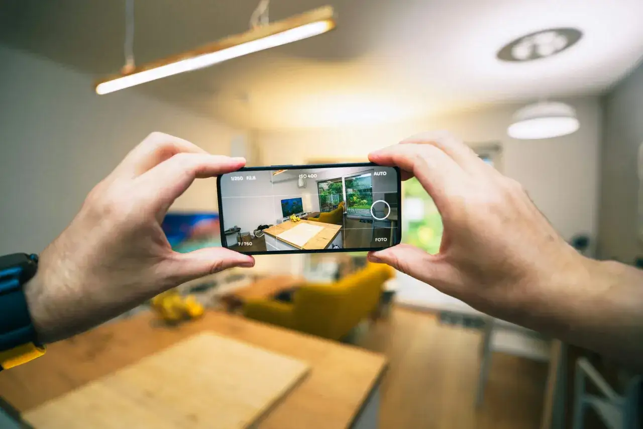 Person macht Foto von Ladenregal mit Smartphone (Mikrojob)