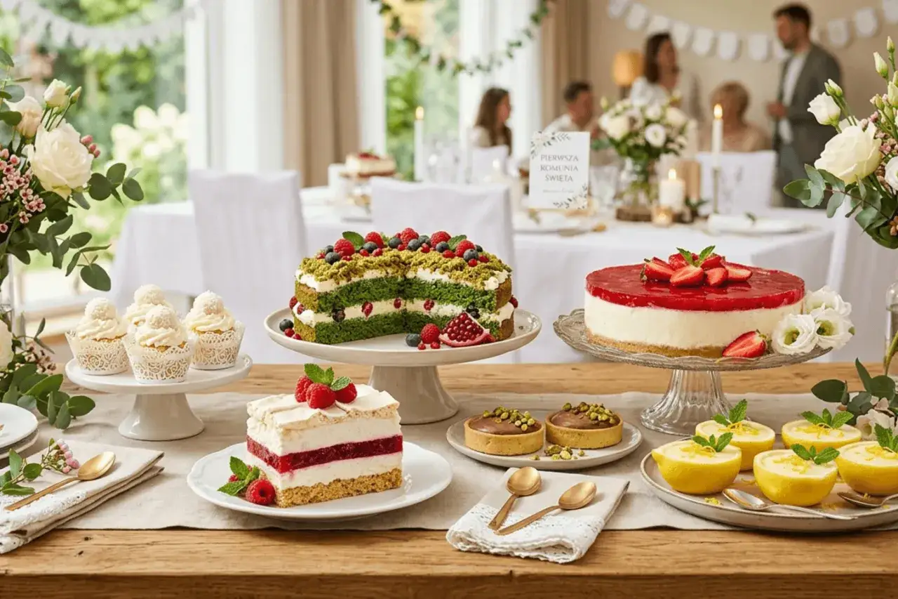 Stół pełen pysznych ciast na komunie: zielony tort, sernik z truskawkami, babeczki i tartaletki.