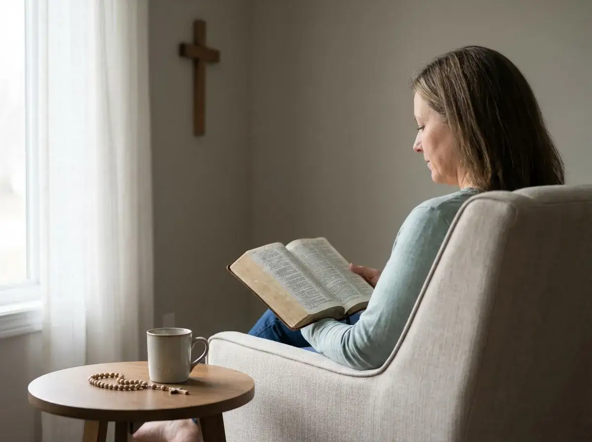 Kobieta czyta Biblię, szukając odpowiedzi, jak praktykować wiarę bez przynależności do instytucji kościoła. Obok filiżanka i paciorki różańca.