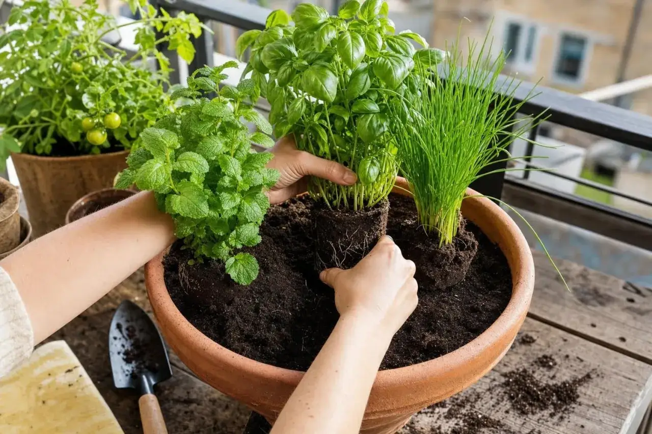 Mains plantent du basilic, de la menthe et de la ciboulette dans un grand pot. Apprenez comment cueillir le basilic pour une récolte abondante.