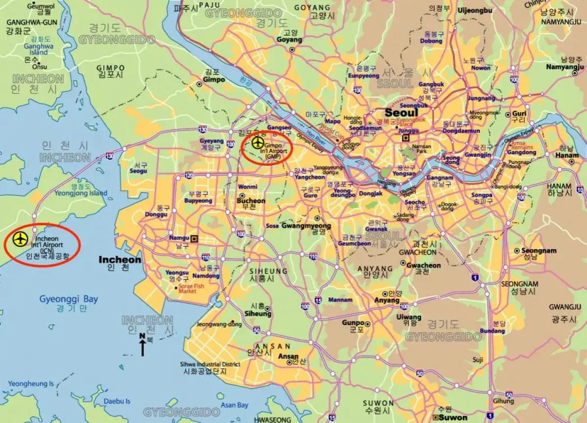 Mapa pokazuje, gdzie jest Seul, z zaznaczonym lotniskiem Incheon.