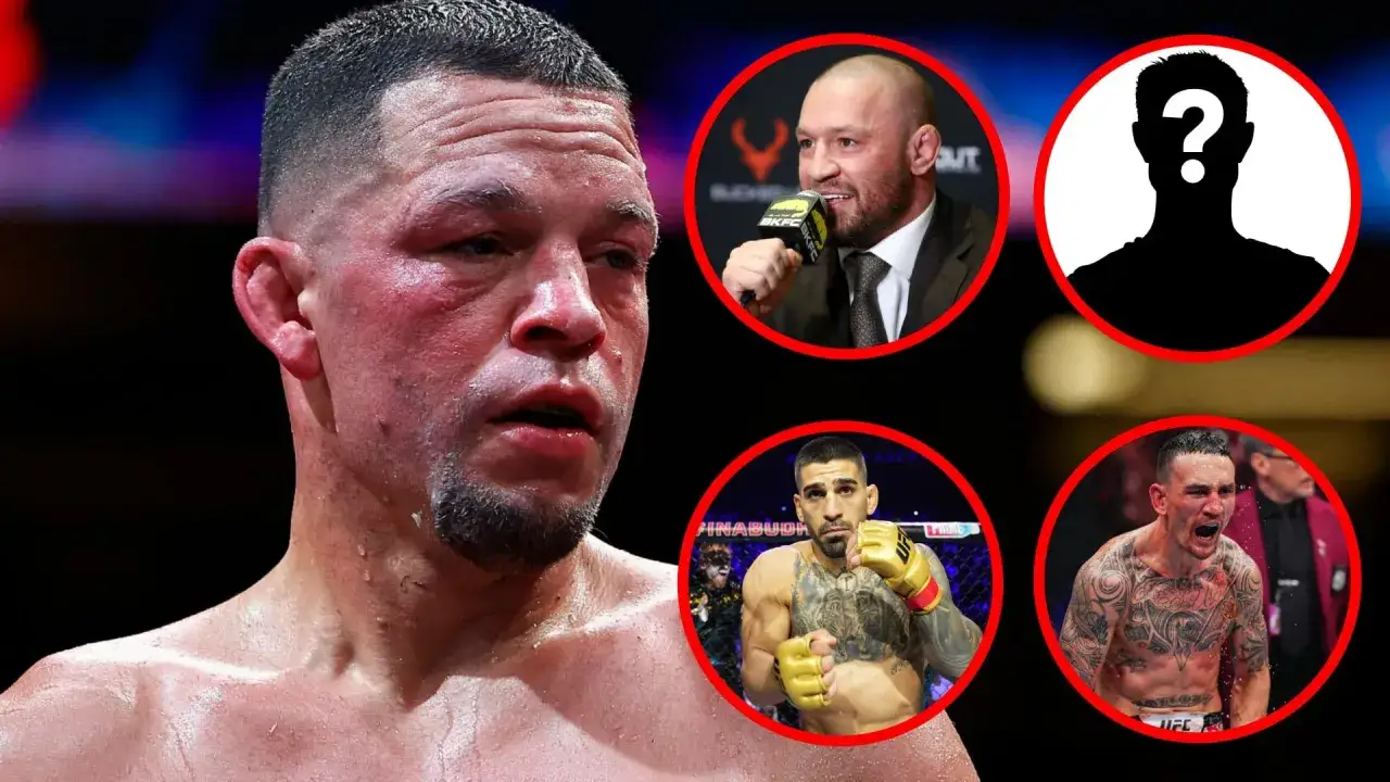 Nate Diaz, med svullna &ouml;gon, omgiven av potentiella motst&aring;ndare f&ouml;r nate diaz next fight: Conor McGregor, en ok&auml;nd silhuett, och Max Holloway.