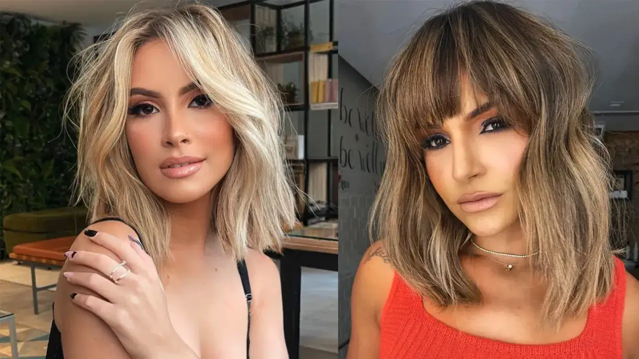 Due donne con splendidi tagli capelli 2025 medi. Uno biondo mosso, l'altro castano con frangia.