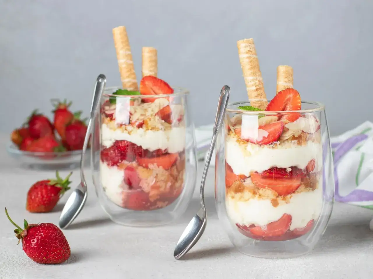 Dwa pucharki z deserem tiramisu truskawkowe, przełożone kremem, biszkoptem i świeżymi truskawkami, ozdobione wafelkami i miętą.