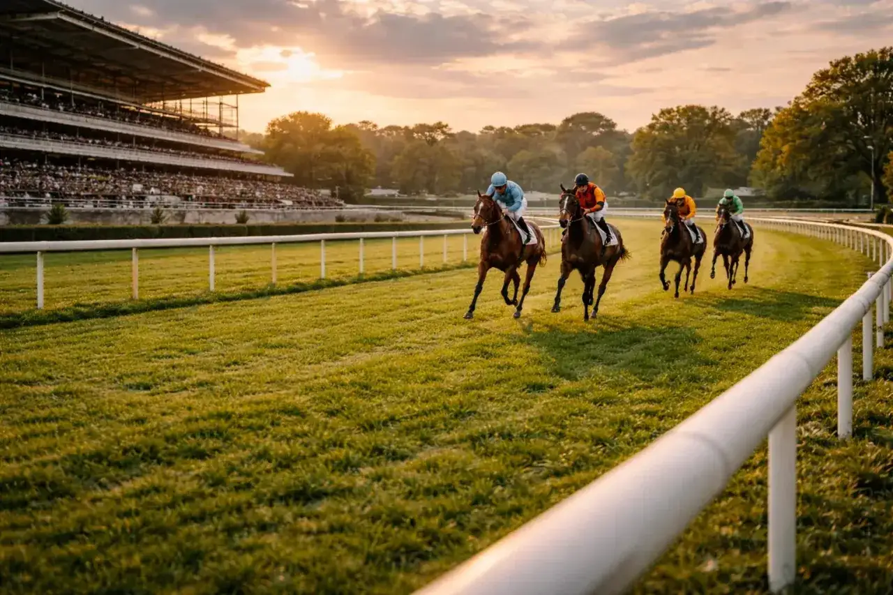 Course de chevaux au coucher du soleil, les jockeys en action sur la piste verte.