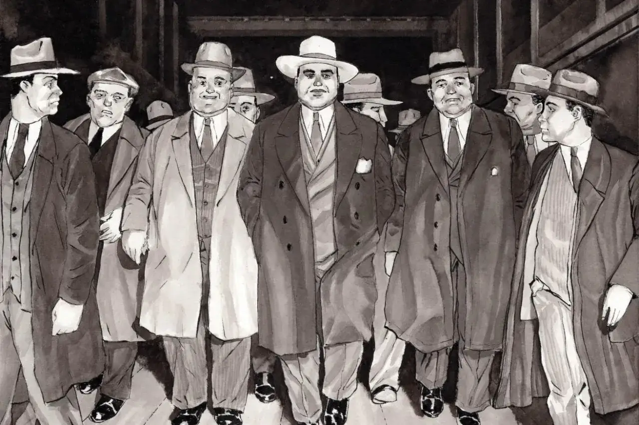 Illustration d'hommes en costumes et chapeaux, rappelant l'histoire vraie des incorruptibles face au crime organisé.