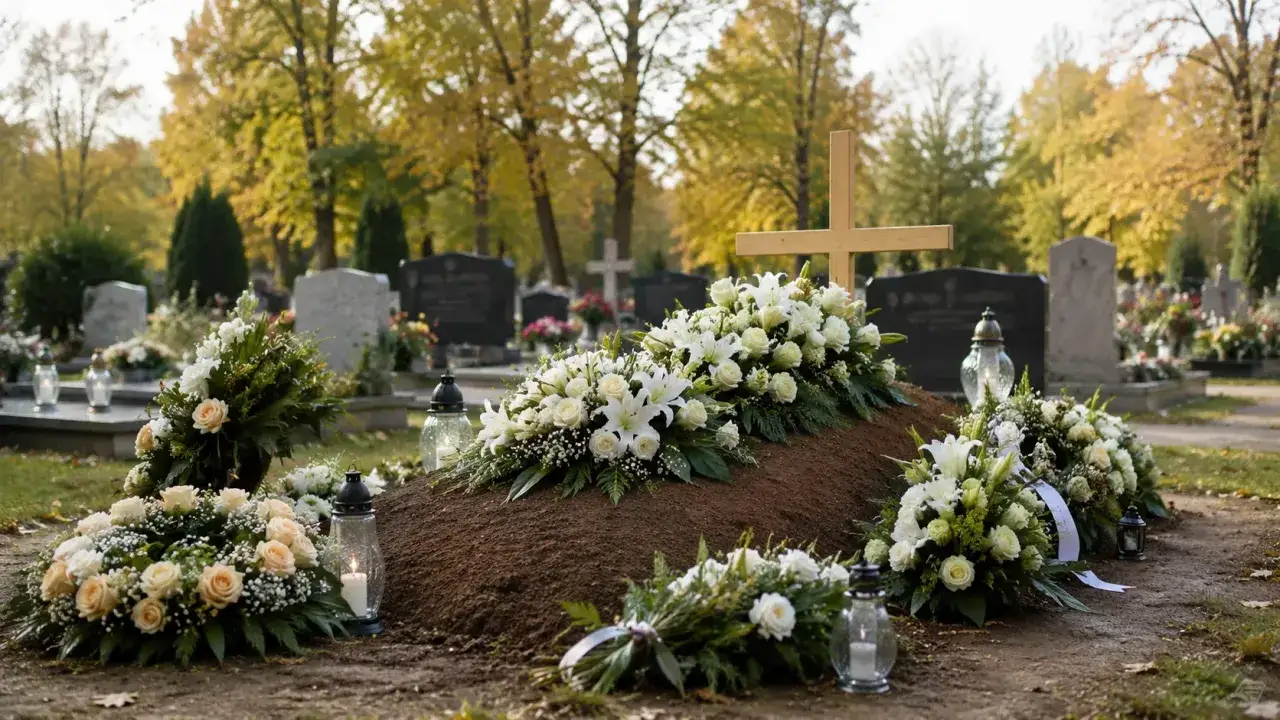 Na cmentarzu, wśród jesiennych drzew, świeże kwiaty zdobią grób. Pytanie, czy można zabierać kwiaty z cmentarza, pozostaje otwarte.
