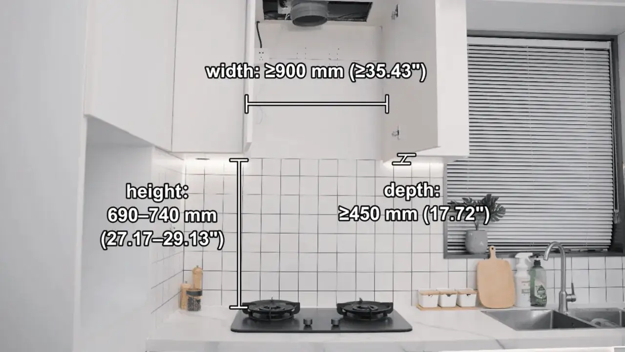 Dimensions d'une hotte de cuisine : largeur ≥900 mm, hauteur 690-740 mm, profondeur ≥450 mm.