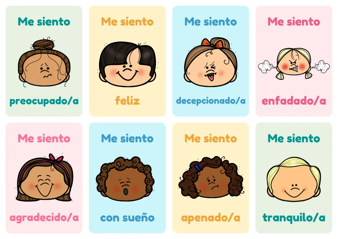 Cartas ilustradas de ni&ntilde;os expresando diversas emociones y necesidades: preocupado, feliz, decepcionado, enfadado, agradecido, con sue&ntilde;o, apenado y tranquilo.