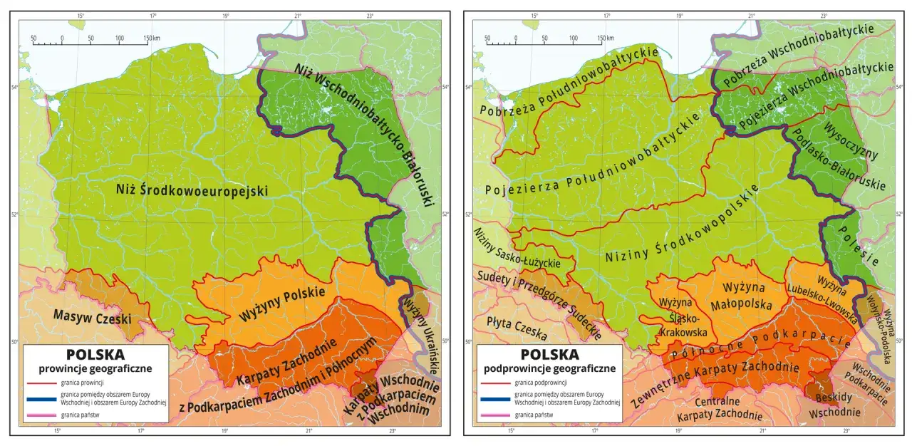 Mapy pokazują, gdzie są Karpaty i Sudety w Polsce, wraz z innymi prowincjami geograficznymi, takimi jak Niż Środkowoeuropejski i Wyżyny Polskie.