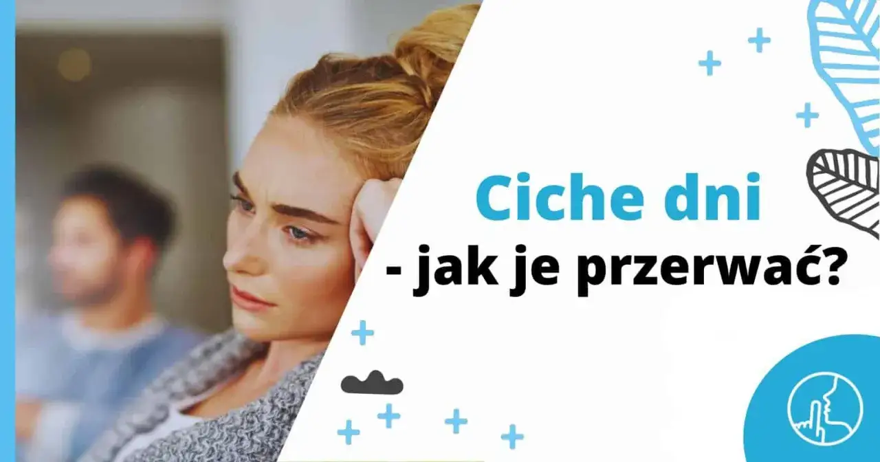 Kobieta zamyślona, w tle niewyraźny mężczyzna. Tekst: 