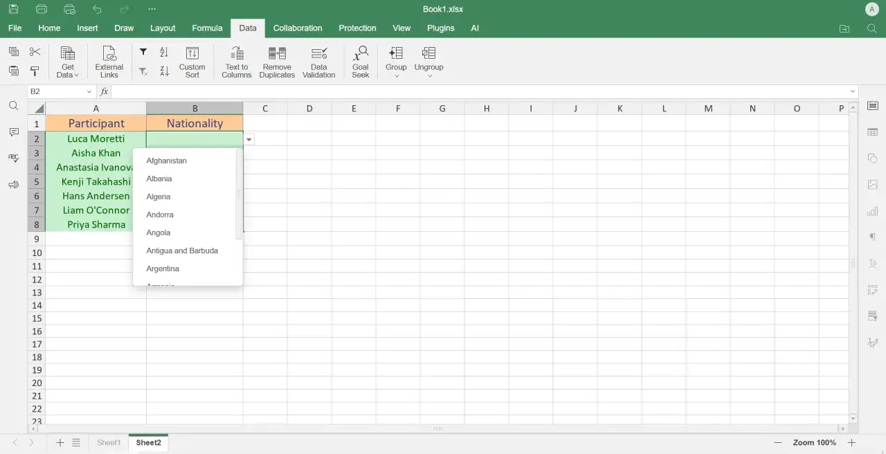 Menu a tendina Excel con elenco di nazionalit&agrave; per i partecipanti.