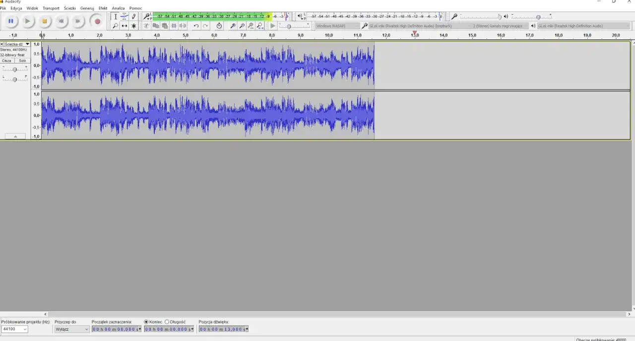 Edytor dźwięku **Audacity po polsku** z widocznymi dwiema ścieżkami audio i ich przebiegiem.