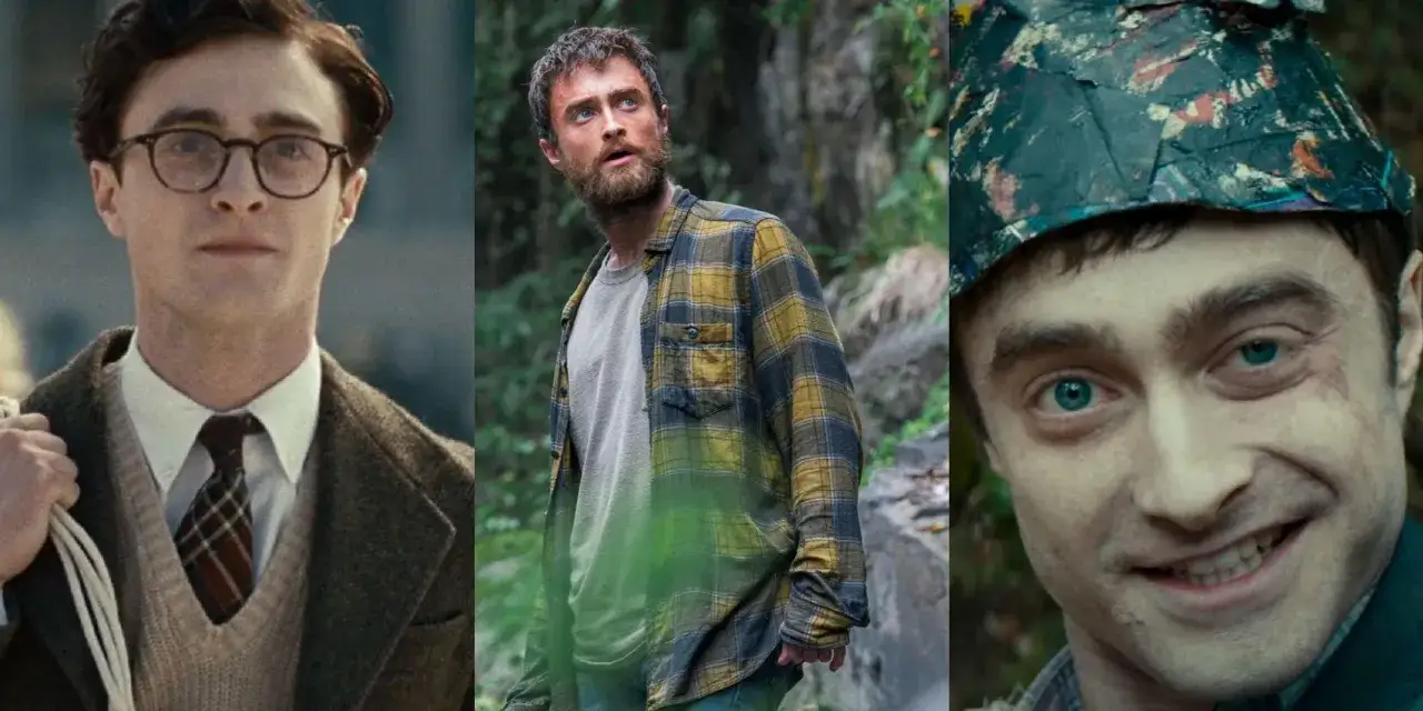 Daniel Radcliffe i tre olika roller: en ung man med glasögon, en skäggig man i skogen och en person med en färgglad hatt.