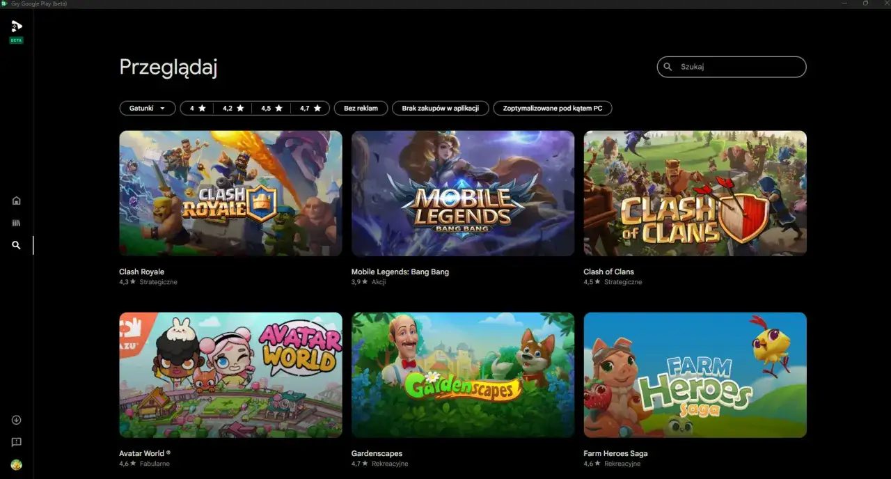 Gry Google Play na PC: Clash Royale, Mobile Legends, Clash of Clans, Avatar World, Gardenscapes, Farm Heroes Saga.