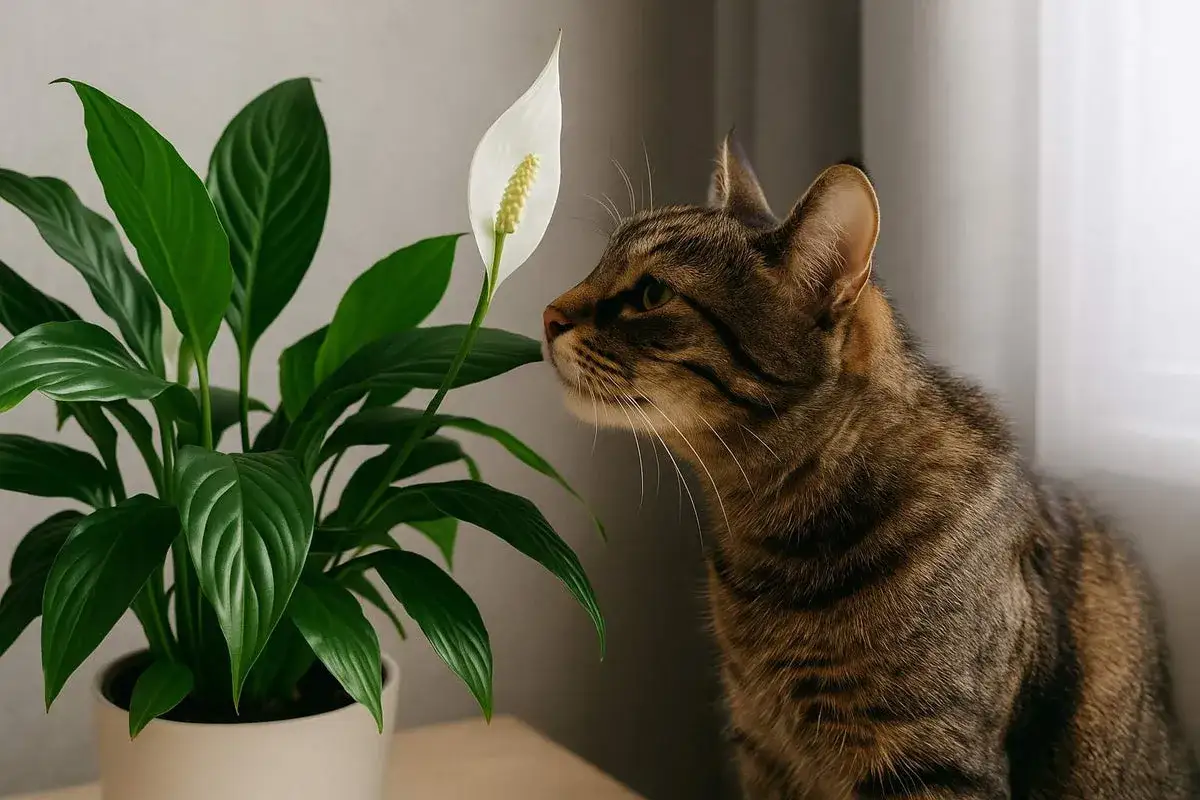 Eine getigerte **Alocasia Katze** schnuppert neugierig an einer wei&szlig;en Bl&uuml;te.