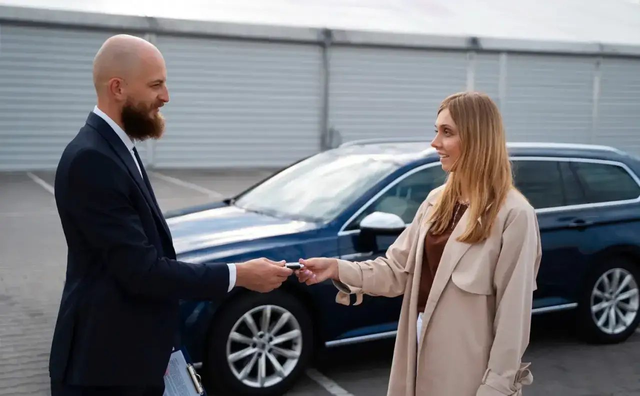 Mężczyzna w garniturze przekazuje kluczyki kobiecie w płaszczu. To może być początek historii o tym, jak sprzedać auto w leasingu.