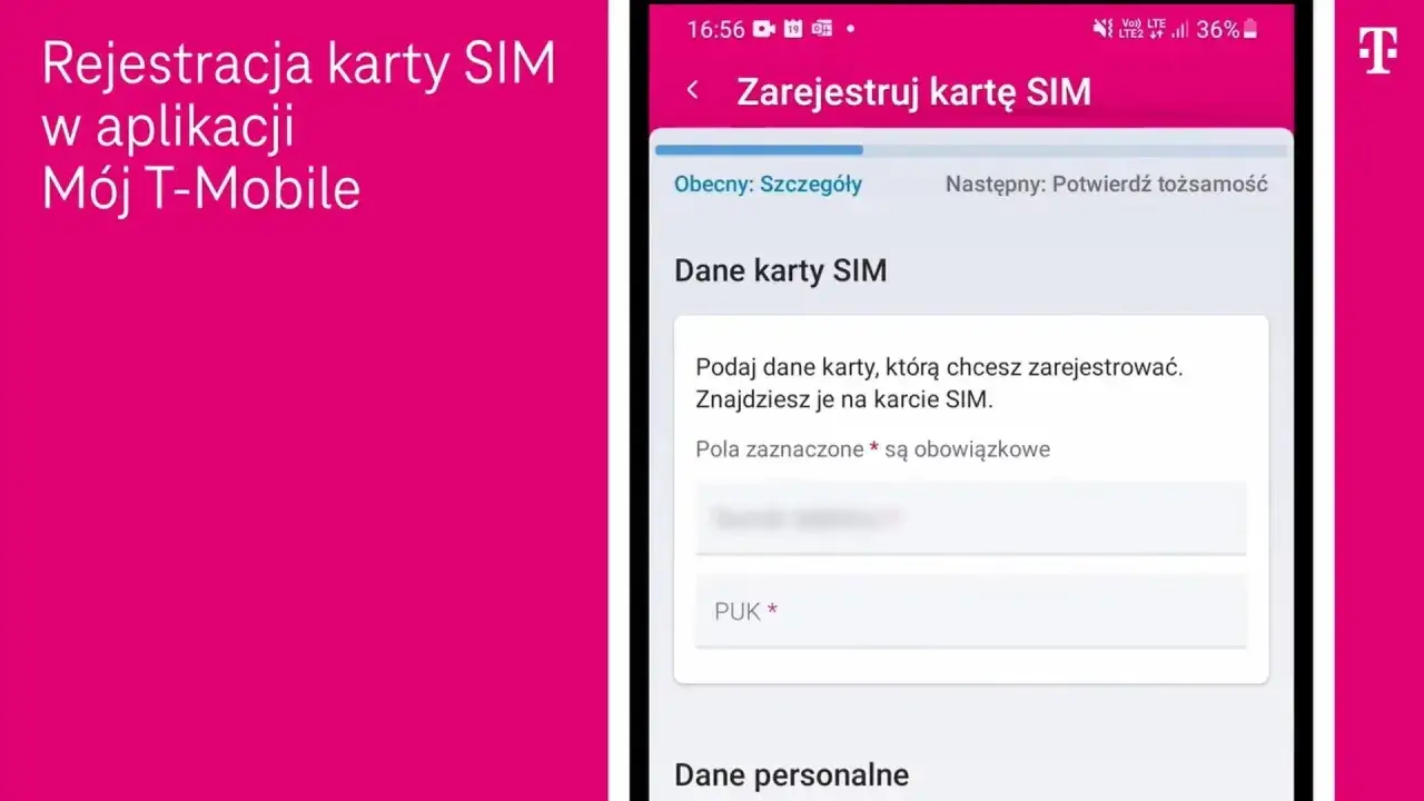 Rejestracja karty SIM w aplikacji M&oacute;j T-Mobile. Ekran pokazuje, jak działa starter do telefonu, prosząc o dane karty SIM i numer PUK.