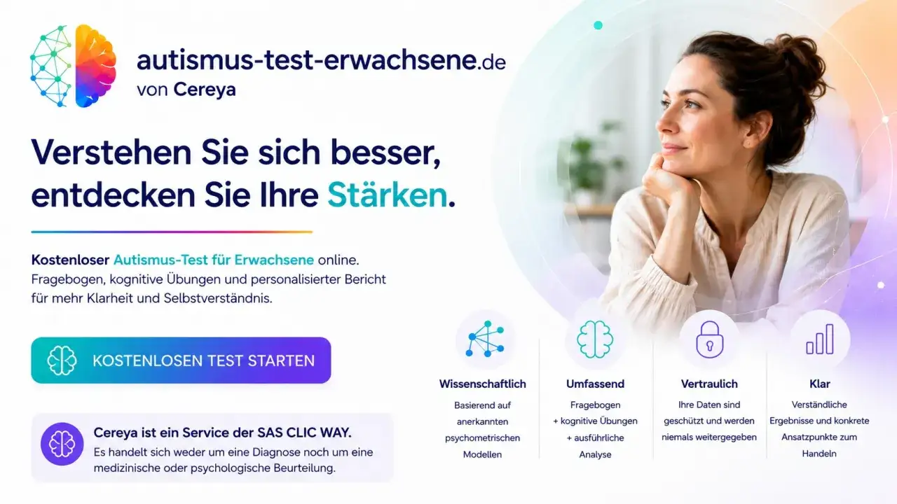 Kostenloser Online-Autismus-Test f&uuml;r Erwachsene. Entdecken Sie Ihre St&auml;rken und verstehen Sie sich besser. Cereya bietet Klarheit und Selbstverst&auml;ndnis.