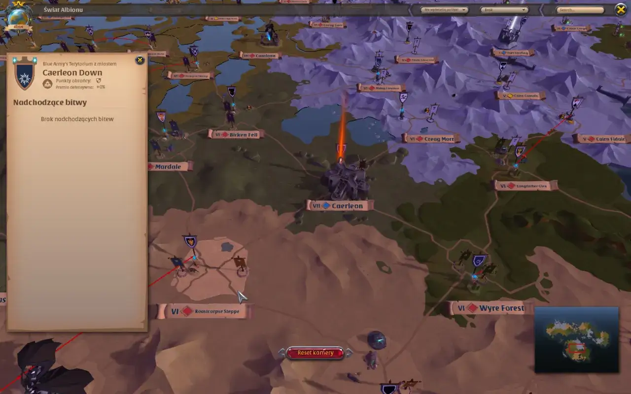 Mapa świata Albion Online, okno z informacjami o Caerleon Down. To przydatny **albion online poradnik** dla graczy.