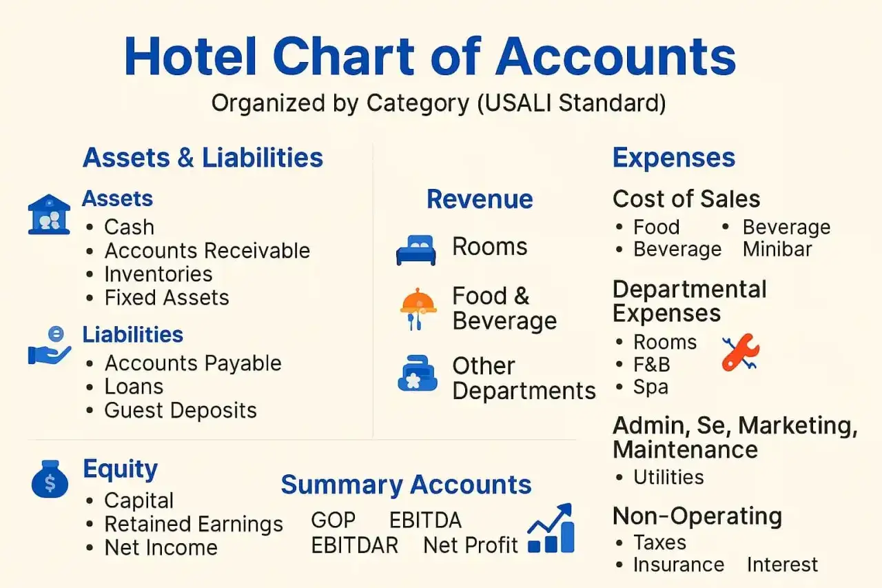 Schema del piano dei conti di un hotel: Attività, Passività, Ricavi, Costi di Vendita, Spese Dipartimentali, Spese Generali e Non Operative.