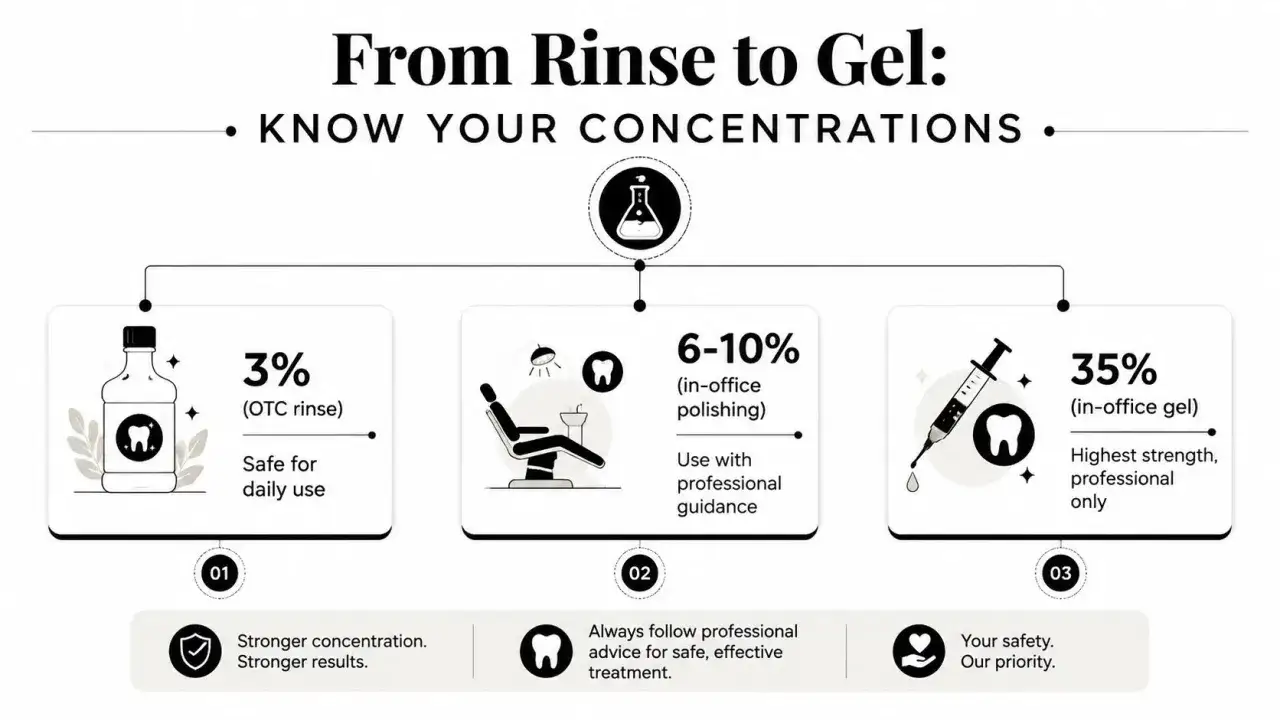 Infografía sobre concentraciones de agua oxigenada para los dientes: 3% para uso diario, 6-10% para pulido profesional y 35% en gel para uso clínico.