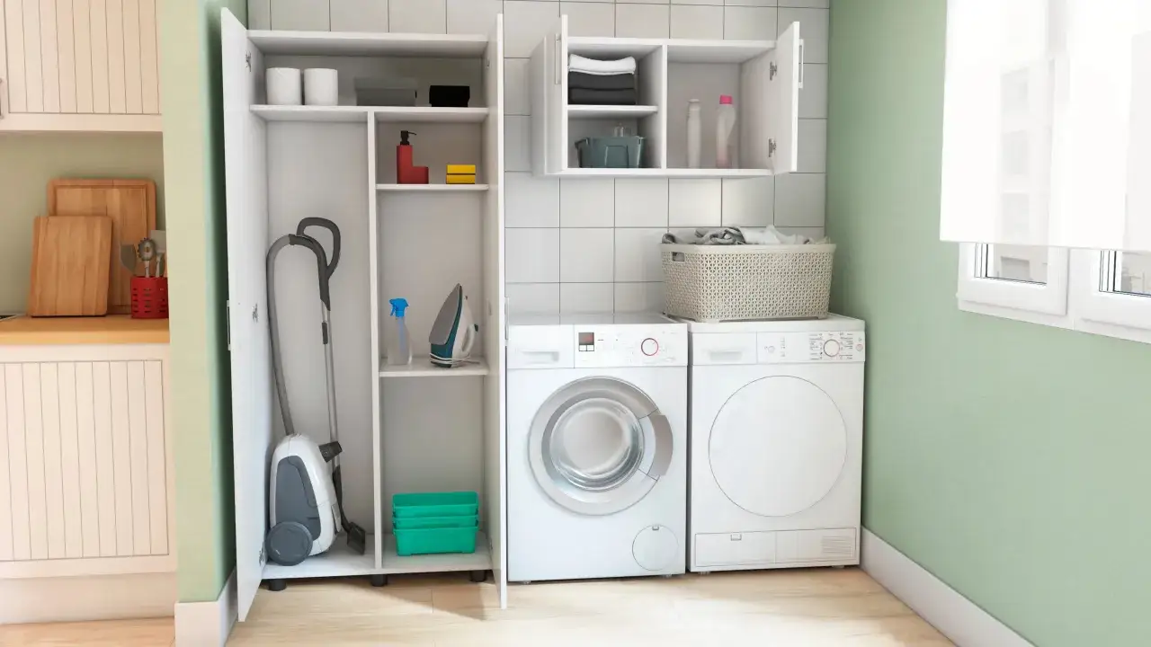 Lavaderos ideas: aspiradora, plancha, cestas y lavadora/secadora en un espacio organizado.