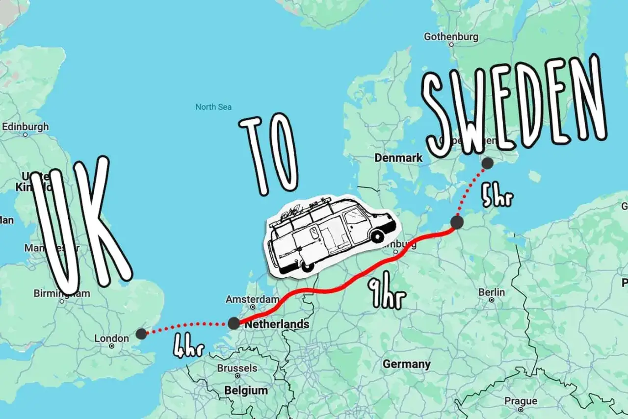 Carte d'un tour du monde en camping-car, montrant un itin&eacute;raire du Royaume-Uni aux Pays-Bas, puis en Su&egrave;de.