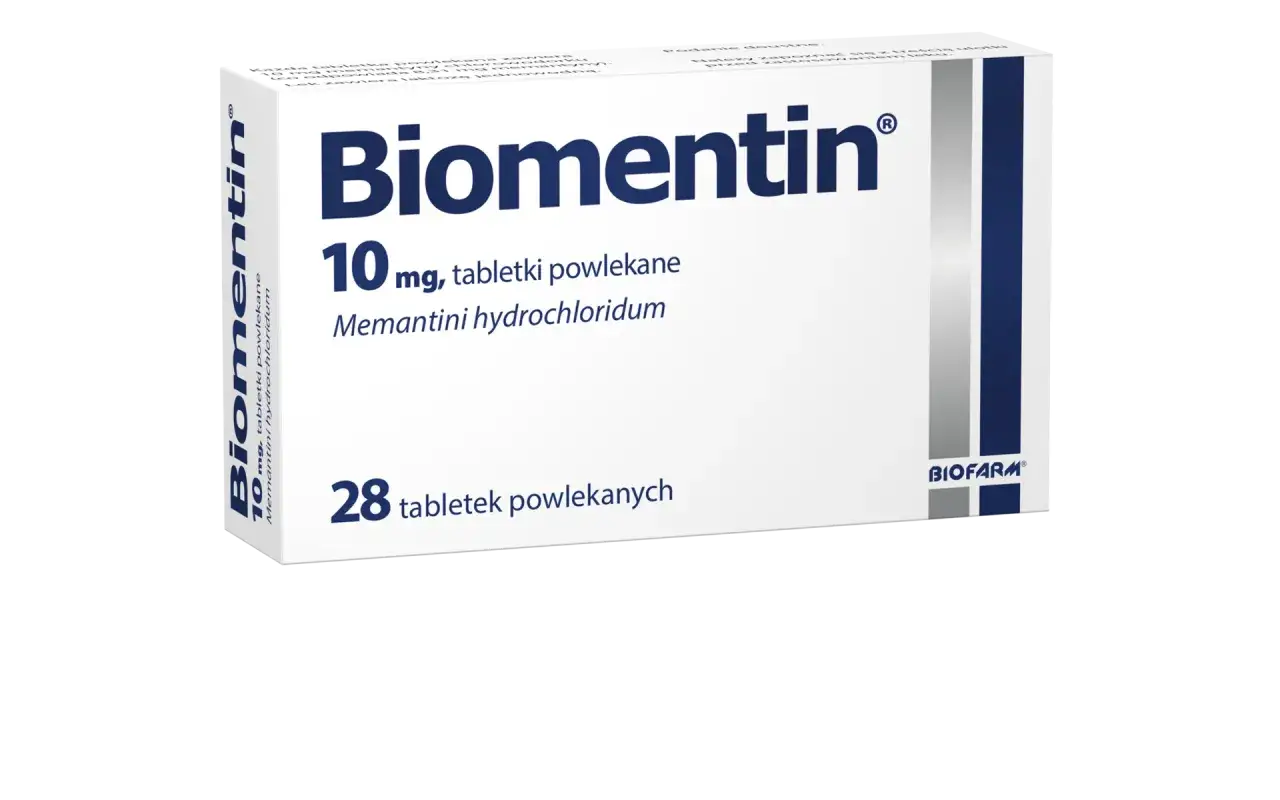 Opakowanie leku Biomentin 10 mg, zawierające 28 tabletek powlekanych z memantyny chlorowodorkiem.