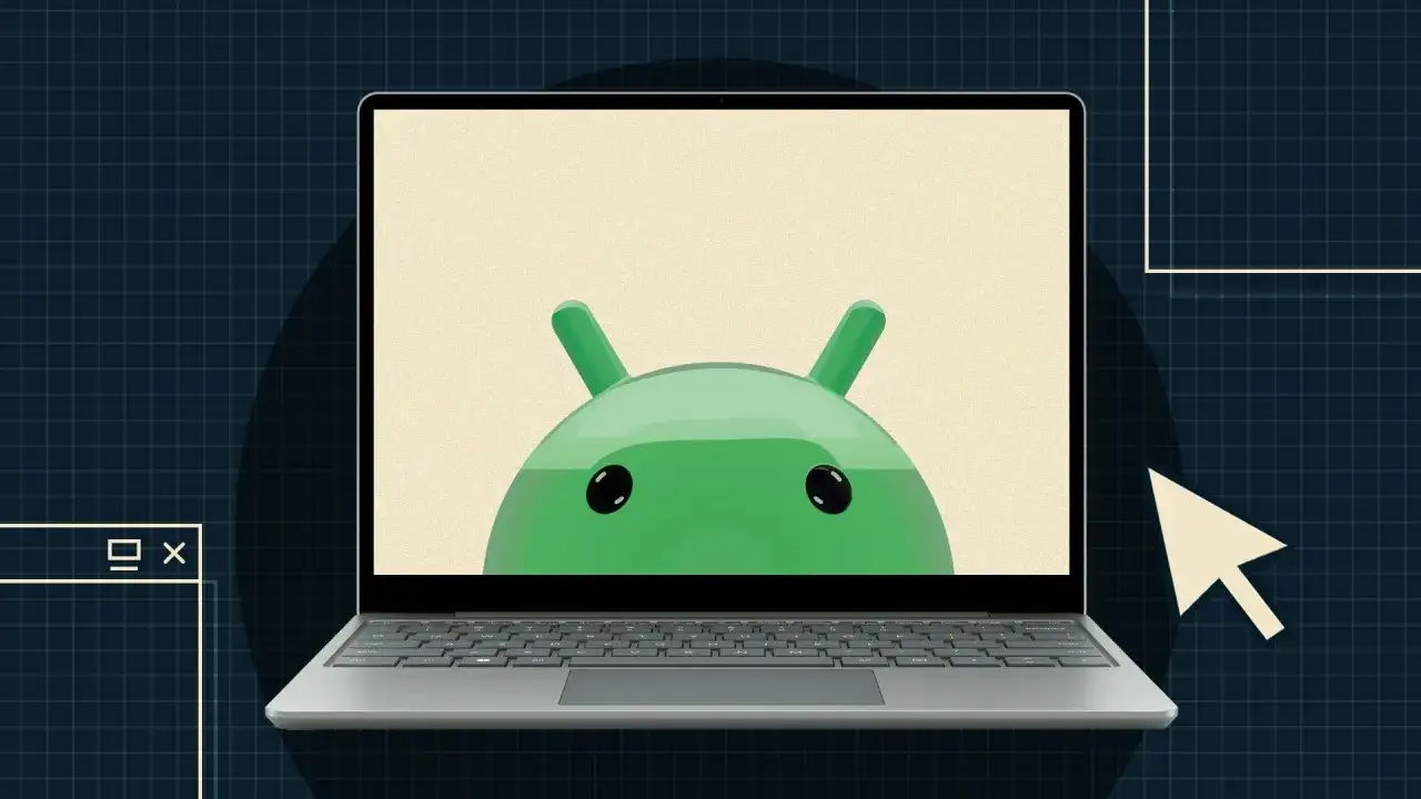 Zielony robot Android spogląda z ekranu laptopa, sugerując instalację **android x86** na komputerze.