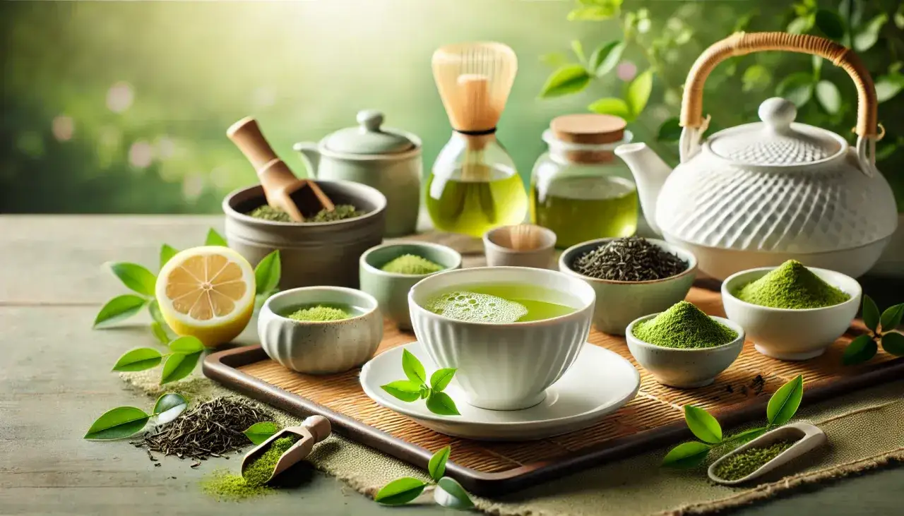 r&oacute;żne rodzaje zielonej herbaty liście i napary