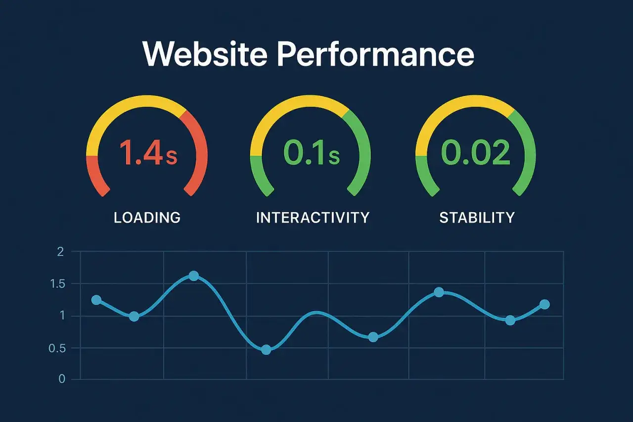 Website-Performance-Diagramm: Ladezeit 1,4s, Interaktivit&auml;t 0,1s, Stabilit&auml;t 0,02. Pr&uuml;fen Sie die Website.