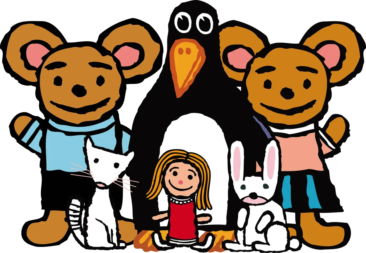En glad grupp vänner från ett pino barnprogram: två björnar, en pingvin, en vit katt, en flicka och en vit kanin.