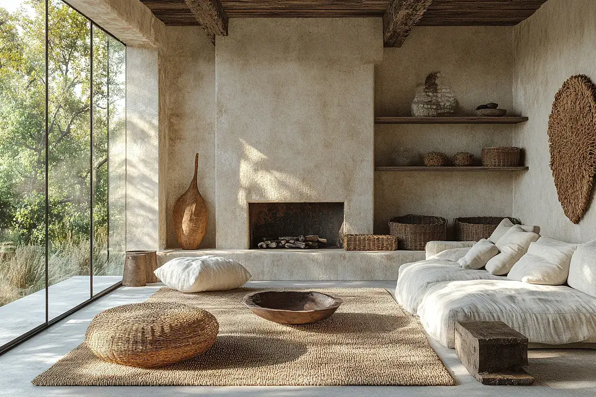 Interni in stile wabi sabi: un camino in pietra, un divano bianco, cesti intrecciati e un grande vaso in terracotta.