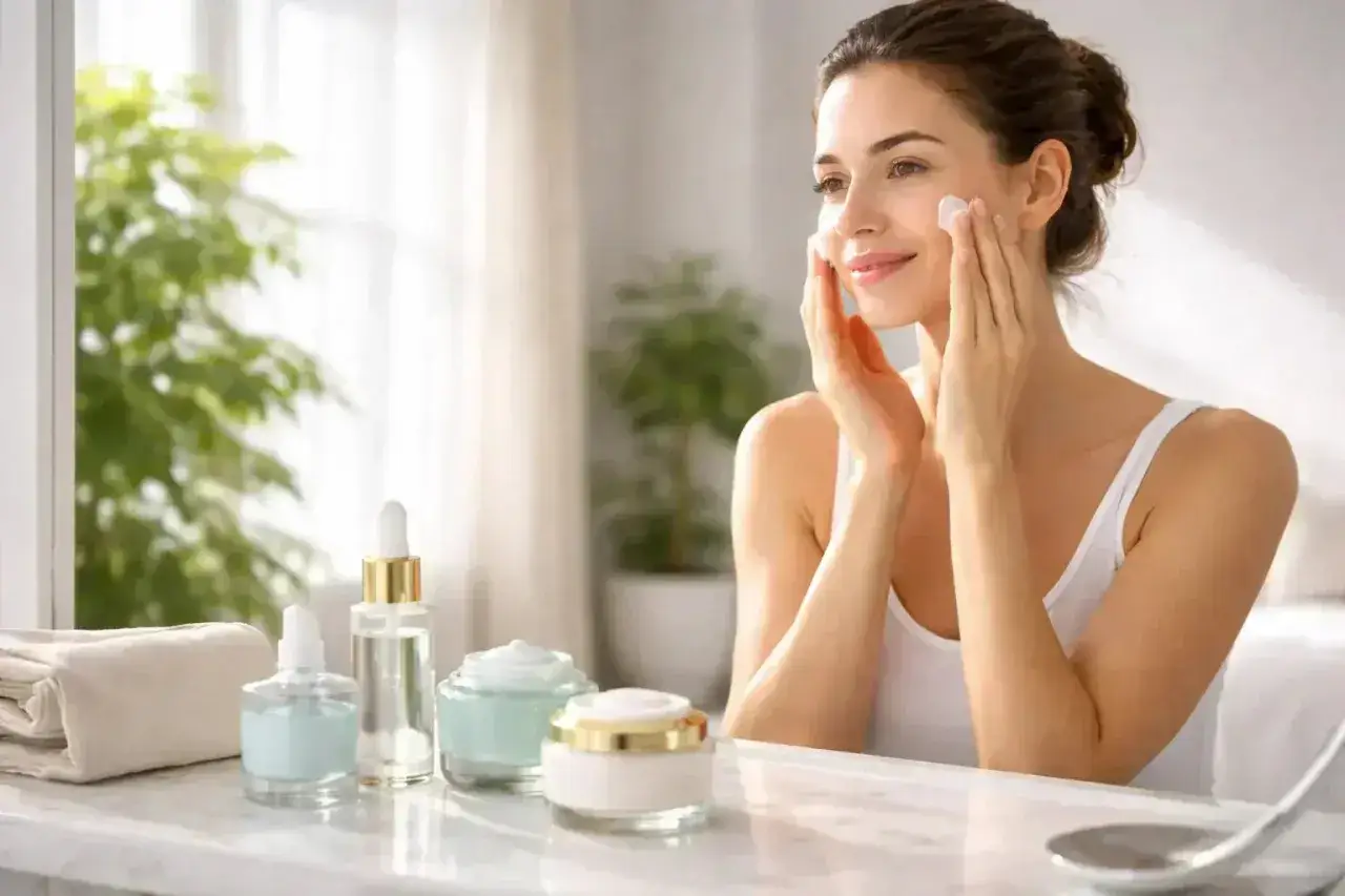 Une femme applique une crème sur son visage, partie intégrante de sa routine beauté. Des produits de soin sont disposés à côté.