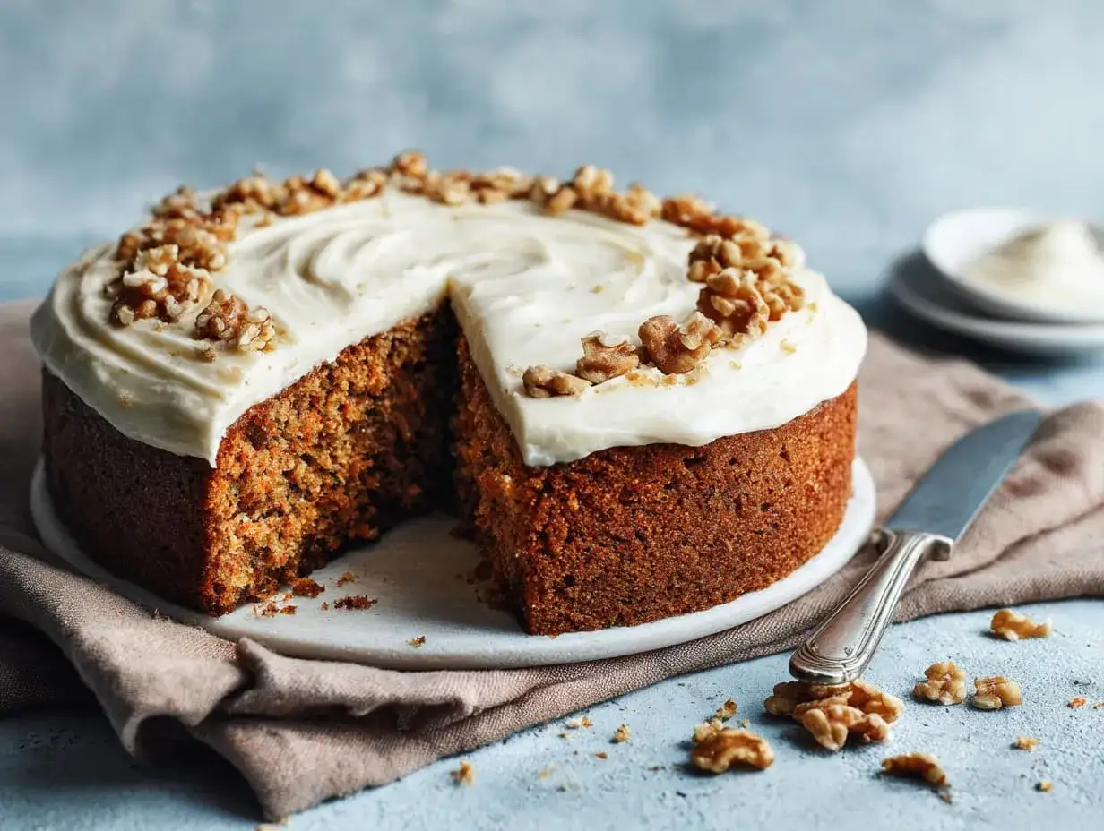 Morotskaka med fluffig cream cheese frosting och valnötter. En bit är bortskuren, redo att avnjutas.