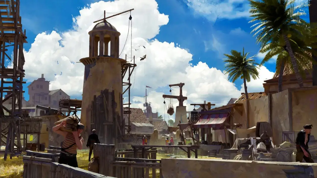 Tętniący życiem port, jak z black flag remake. Widać latarnię, palmy, ludzi i łupy.