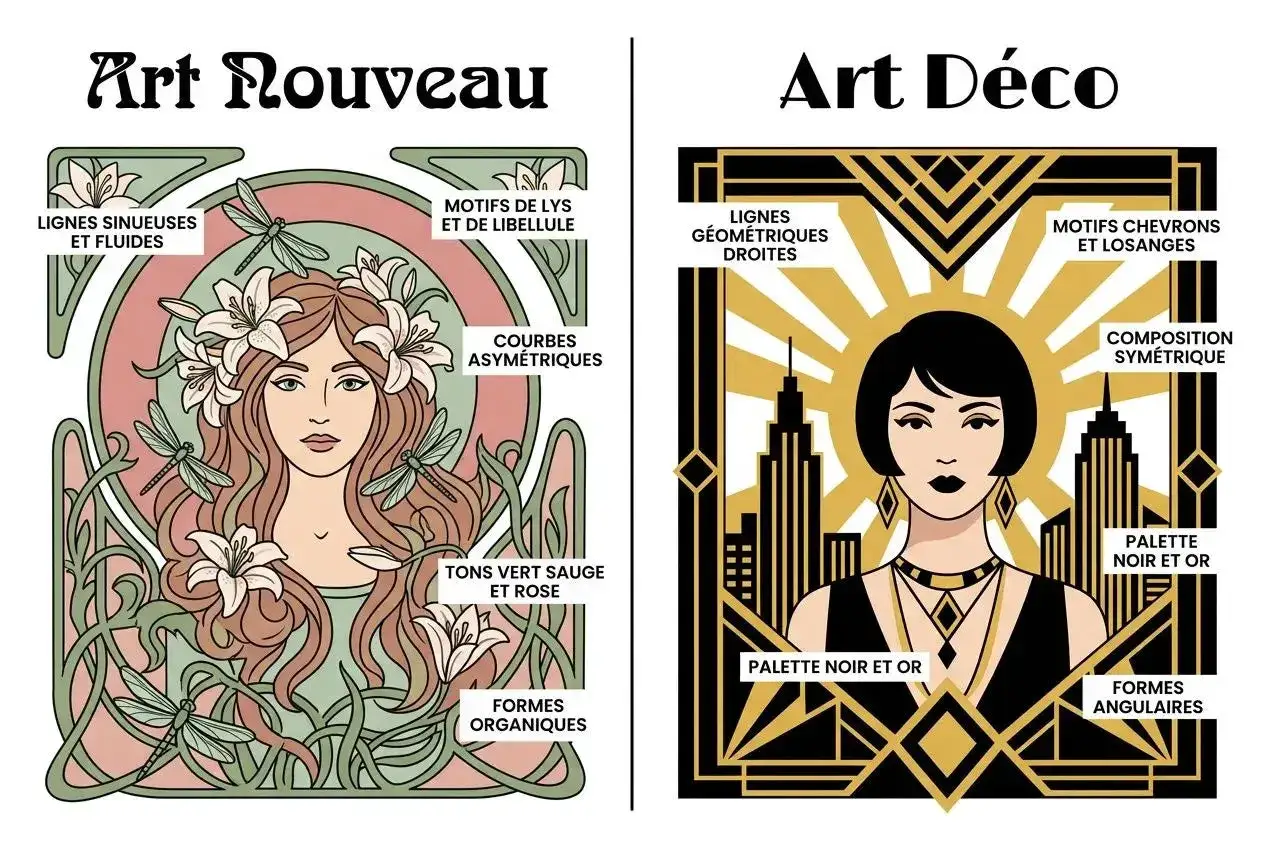 Comparaison entre l'Art Nouveau (femme aux libellules, lignes fluides) et l'Art D&eacute;co (femme stylis&eacute;e, lignes g&eacute;om&eacute;triques, motif art deco).