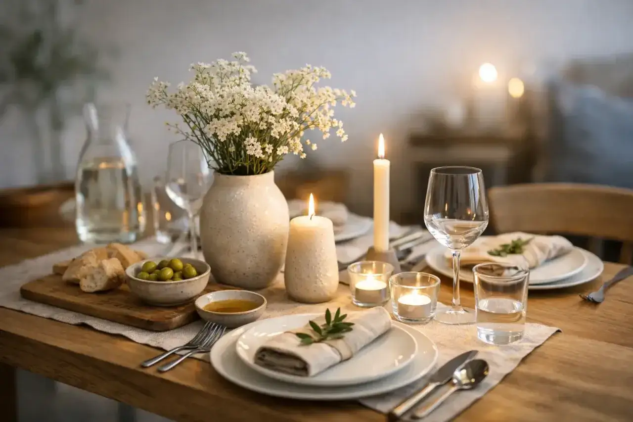 Vackert dukat l&aring;ngbord med vita blommor, olivsk&aring;l, br&ouml;d och levande ljus. En inbjudan till en mysig middag.