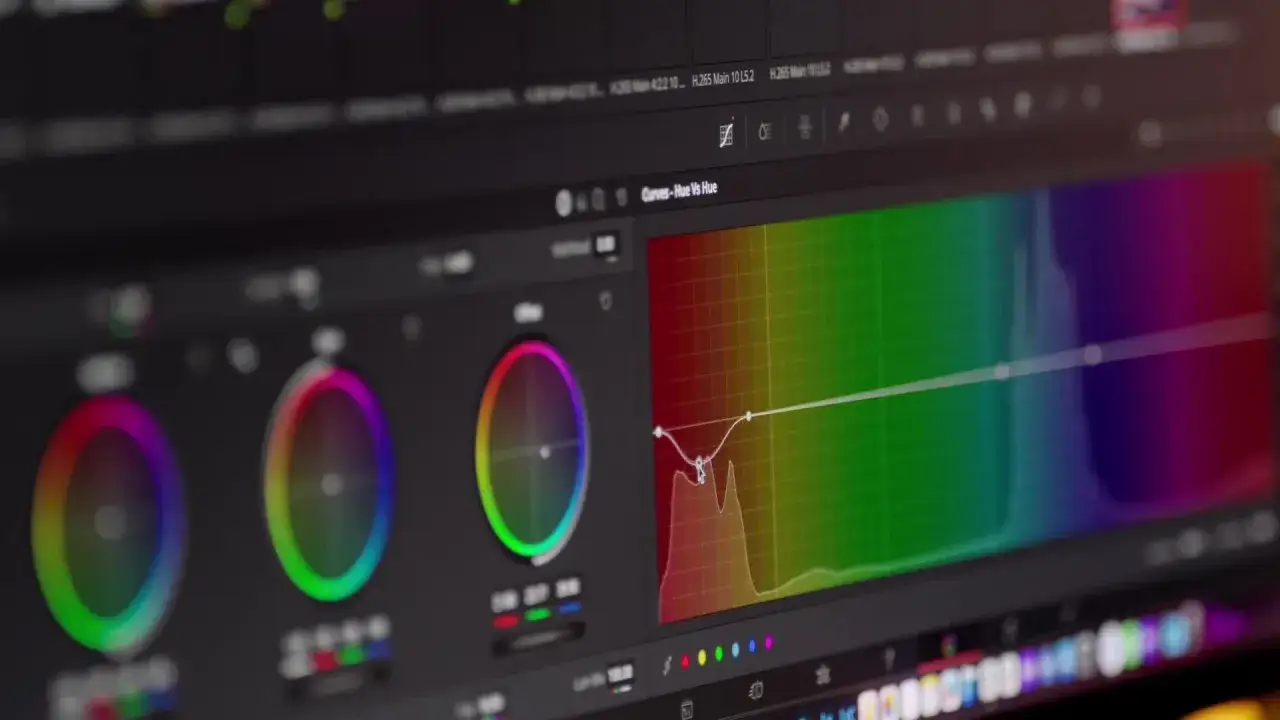 Color grading in DaVinci Resolve 18. A Hue vs Hue curve is being adjusted on a monitor, with color wheels visible.
