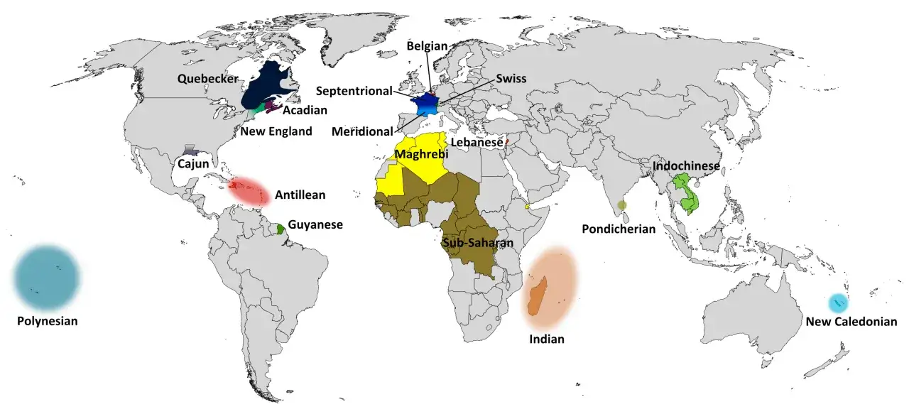 Mapa mundial que muestra la distribuci&oacute;n de varios tipos de franc&eacute;s: Quebecker, Acadian, Cajun, Antillean, Guyanese, Septentrional, Meridional, Belgian, Swiss, Maghrebi, Lebanese, Sub-Saharan, Indian, Indochinese, Pondicherian, New Caledonian y Polynes...